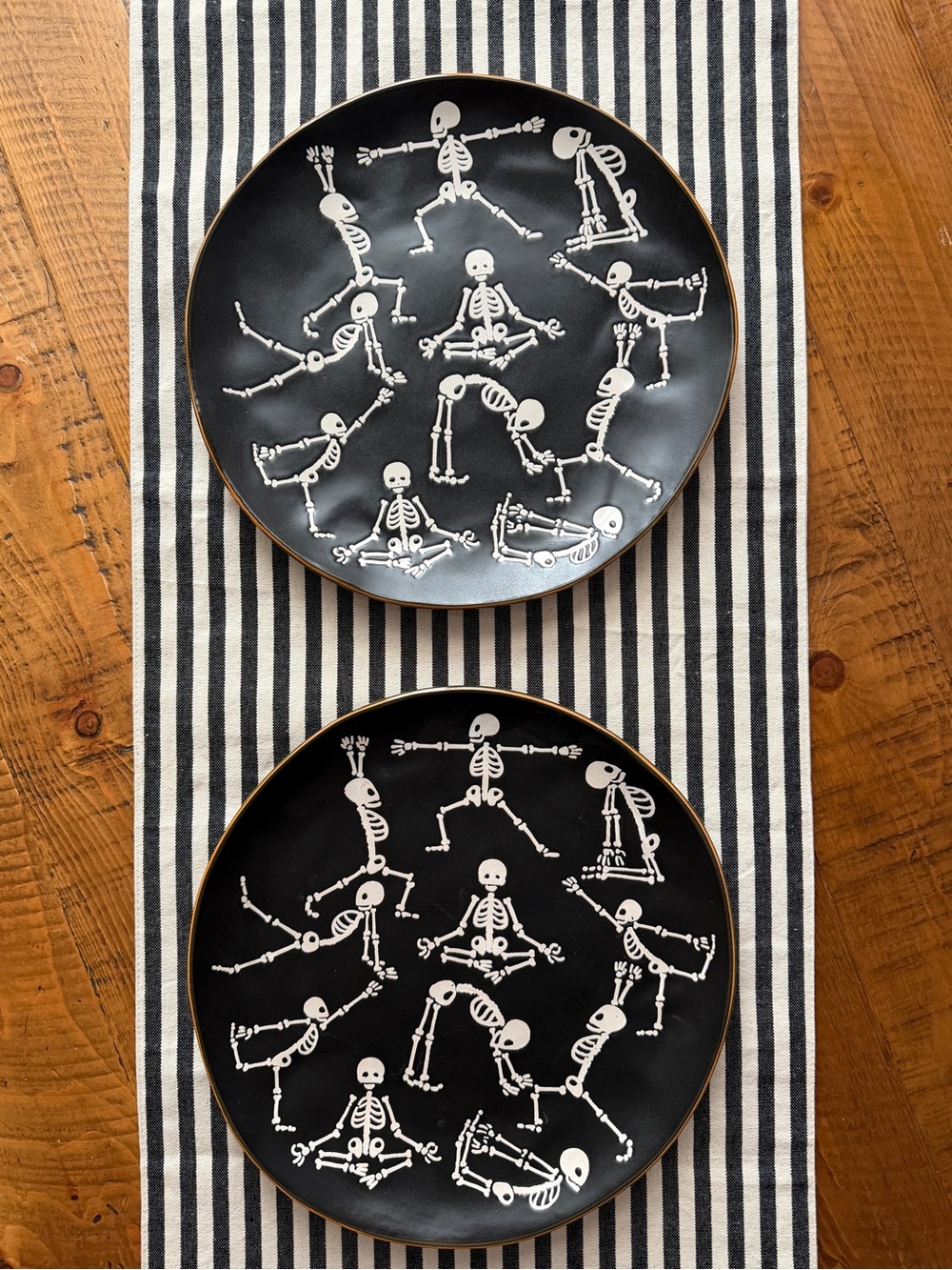 Halloween Dinner Plates Black Skeleton Ceramic Set of 2